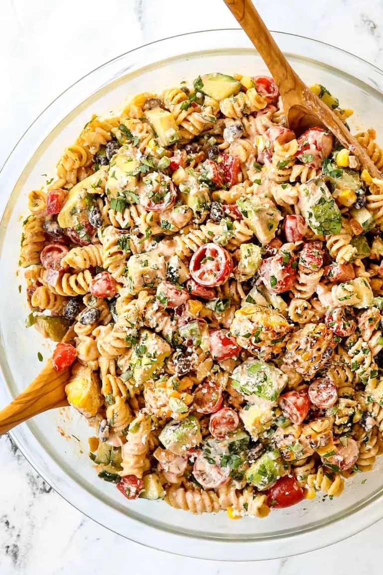 Mexican pasta salad with fresh vegetables, beans, and tangy dressing